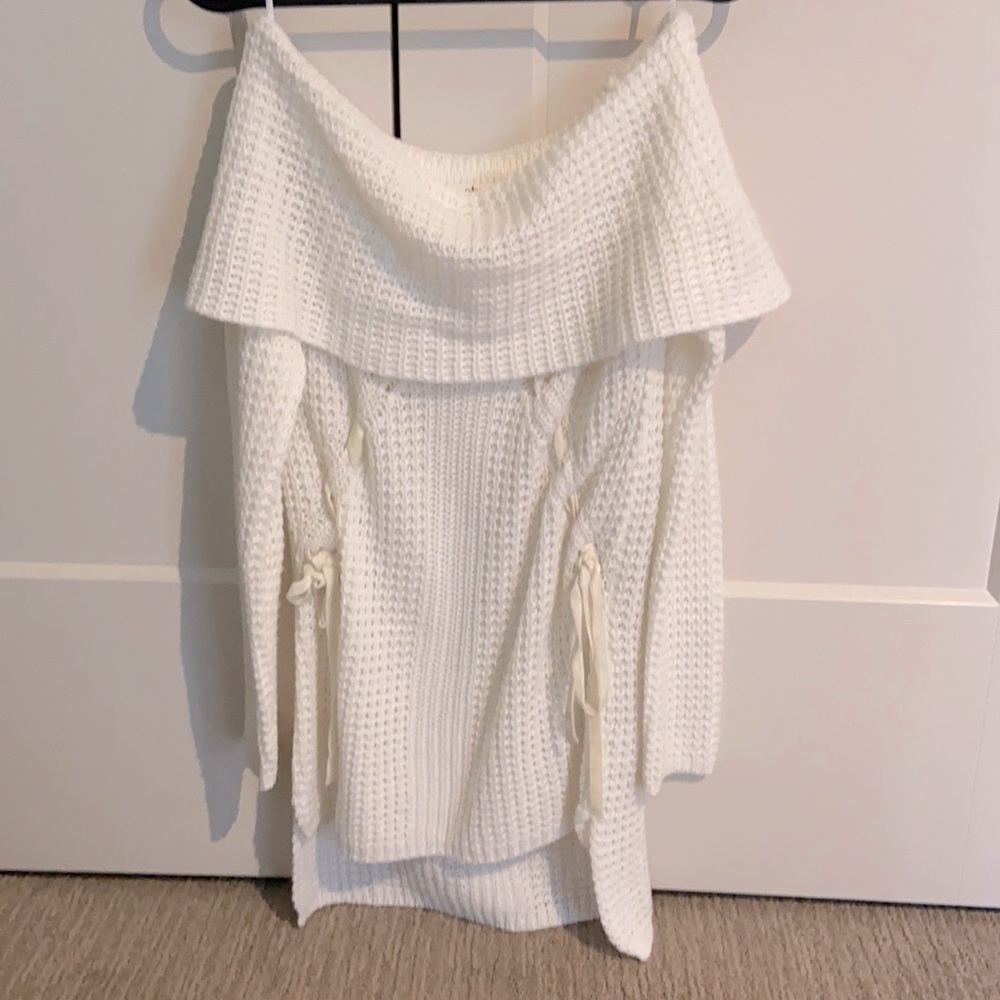 Off the shoulder white knit sweater